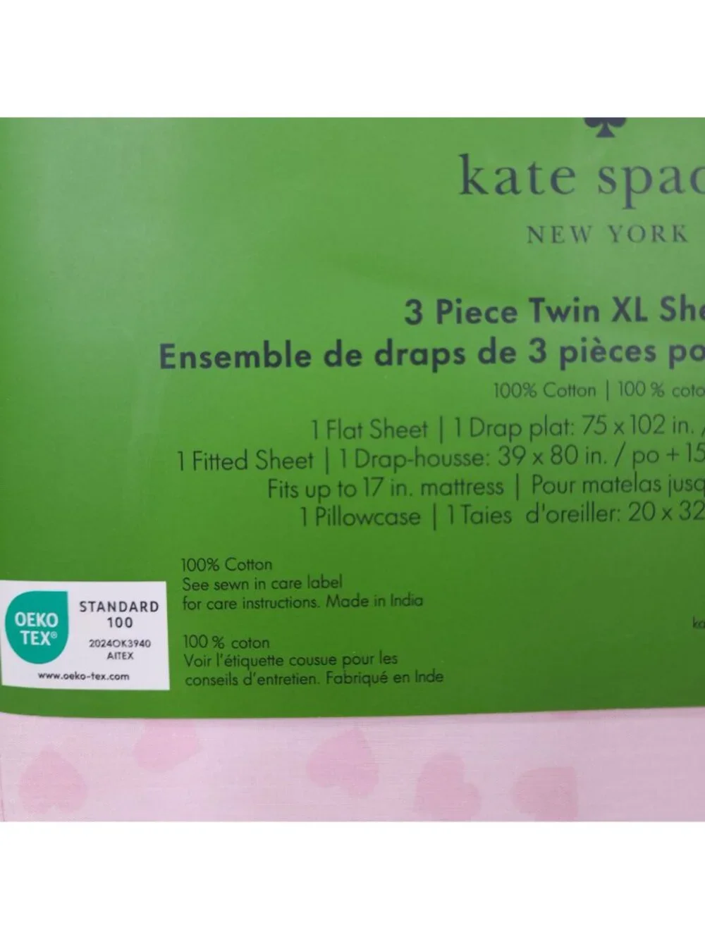 Kate Spade New York 3 Piece Twin XL Sheet Set Pink Hearts 100% Cotton